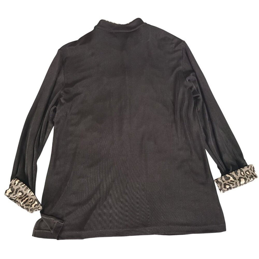 Chico’s Travelers Tunic Top Sz 3 Black Leopard Trim Long Sleeve Button Front XL - Picture 2 of 12